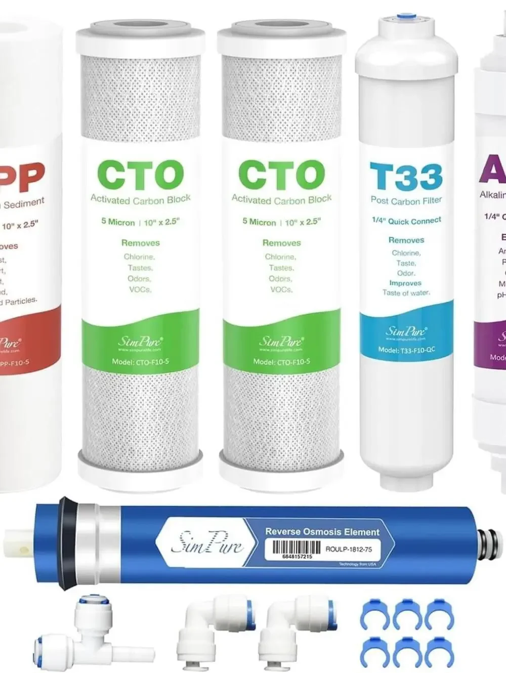 New SimPure 6-Stage Water Filter Kit PP GAC CTO RO T33 ALK + Fittings